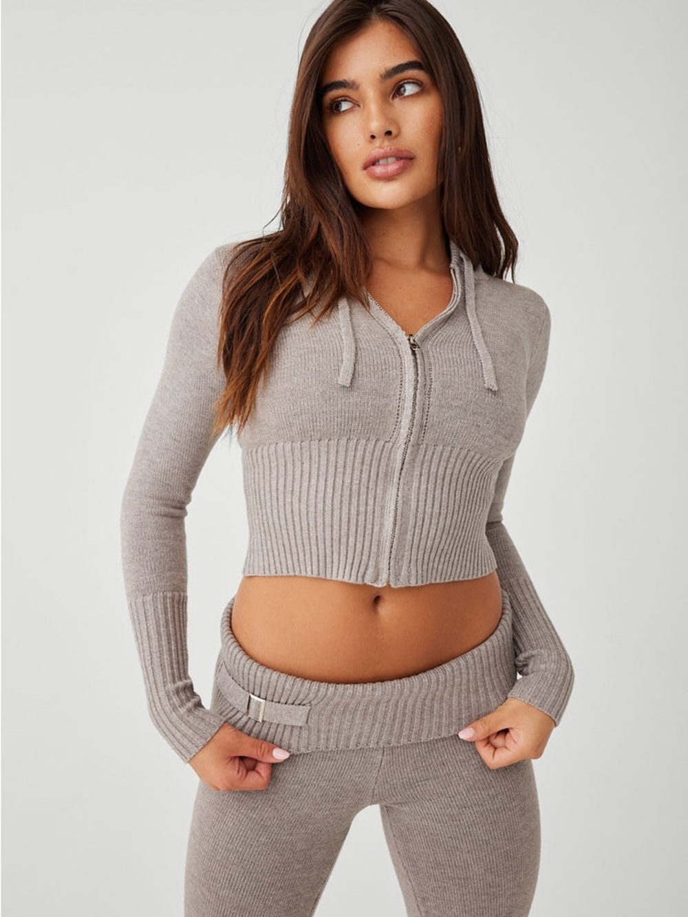 Amazon 2 Piece Set Gray Knit Pants and long sleeve y2k Top with hoodie